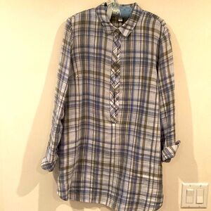 Beautiful blue olive green and white plaid linen shirt